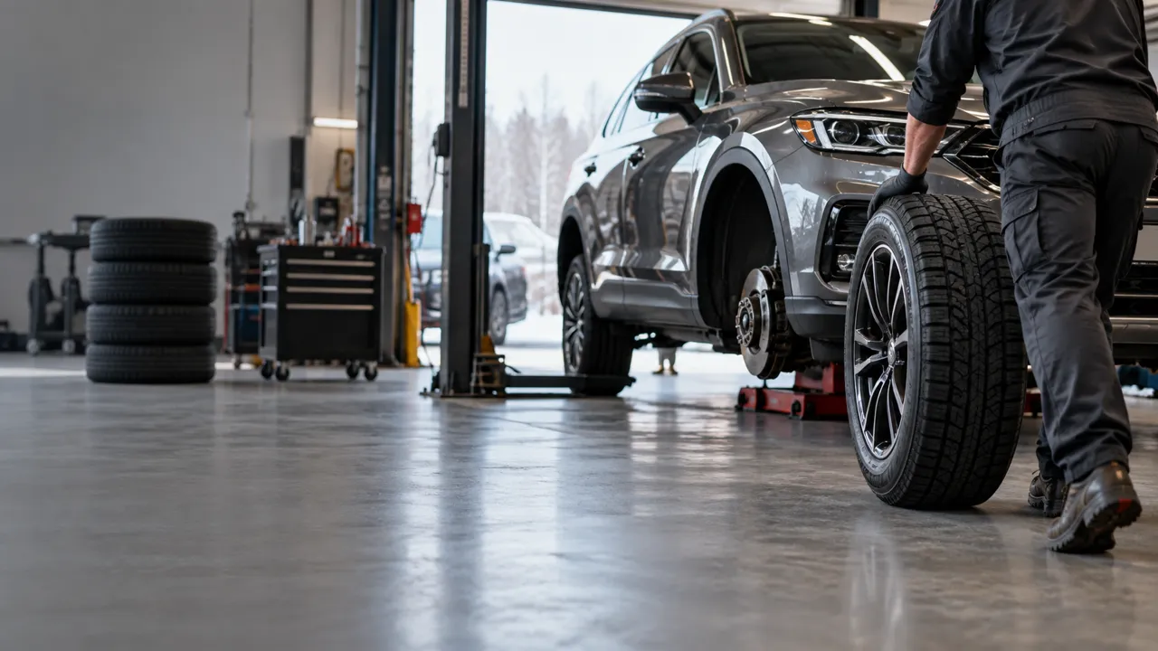 A technician rolling a winter tire to a vehicle on the lift