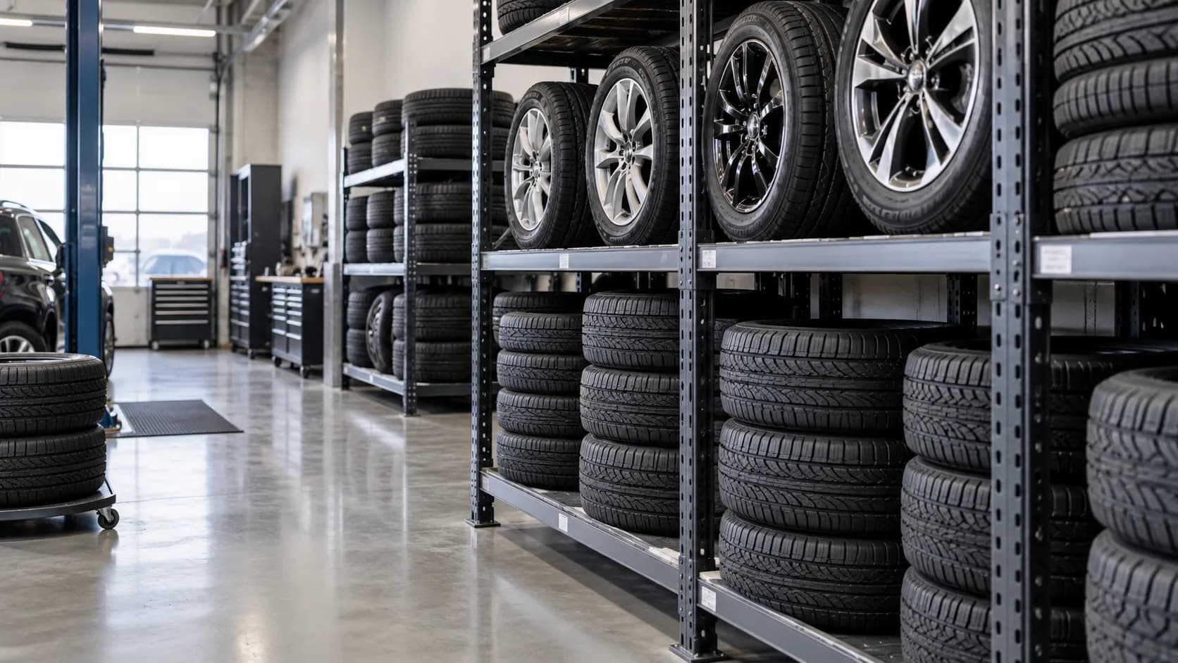 Tires stored on racks in the shop