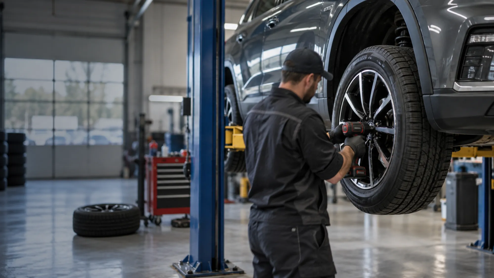 A technician fitting a wheel with the vehicle on a lift