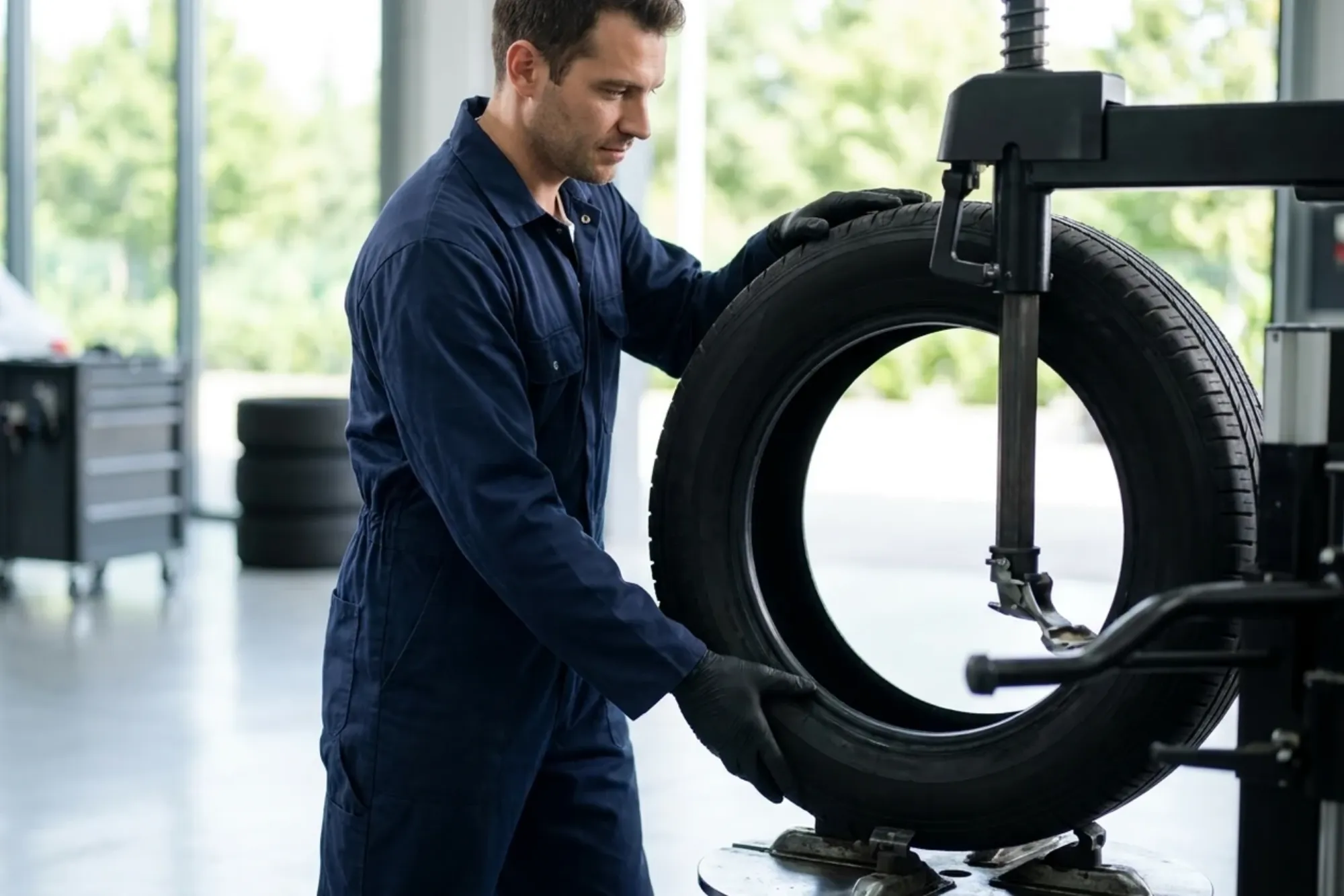 A technician working on a tire at the tire machine